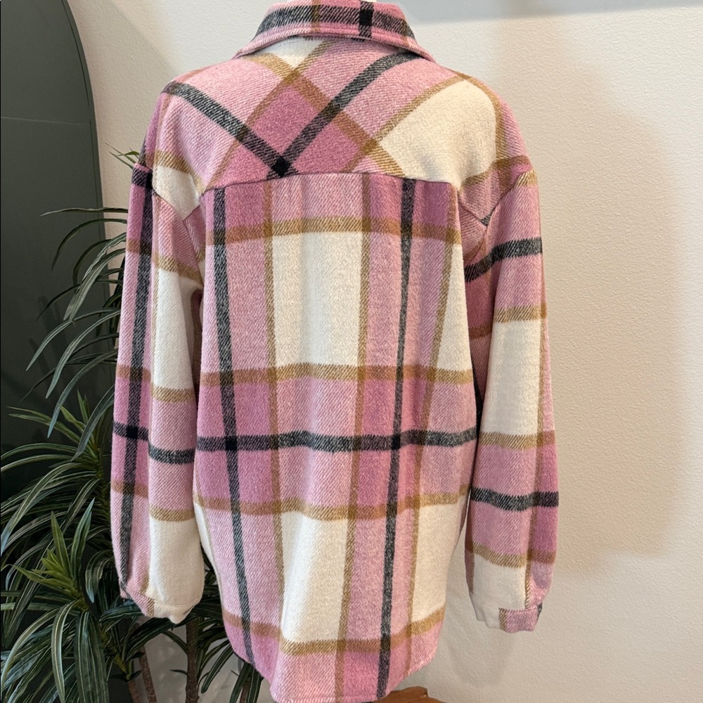 Women’s Plaid Shacket Shirt Pink and Cream Soft Long Sleeve Winter Top S - Picture 7 of 16